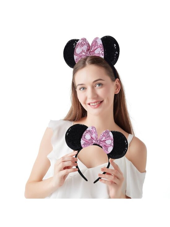 Women Pink Black Sequin Shiny Bows Mickey Mouse 2 Pcs Headband